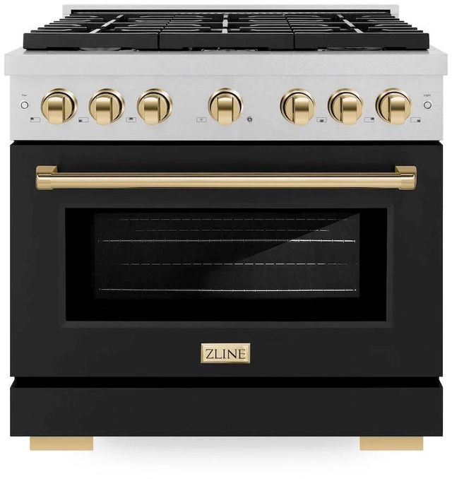 ZLINE Autograph Edition Paramount 36" Satin Stainless Steel Pro Style Gas Range with Black Matte Door and Polished Gold Accents-0