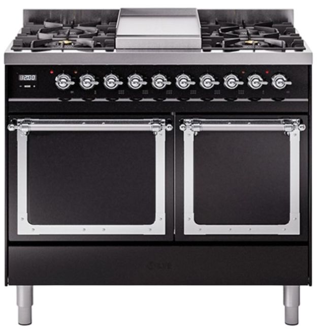 Ilve® Nostalgie II Noblesse 40'' Glossy Black Pro Style Dual Fuel Range with Chrome Trim-0