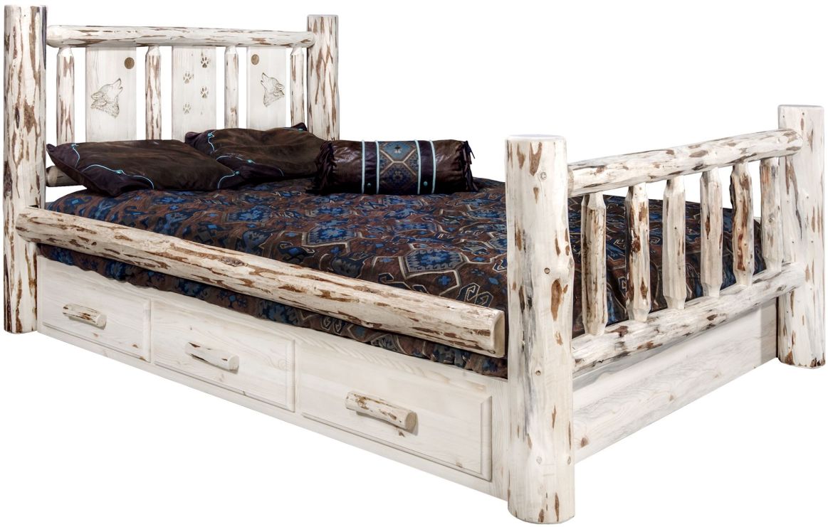 Montana Woodworks® Montana Collection Clear Lacquer California King Storage Bed with Laser Engraved Wolf Design