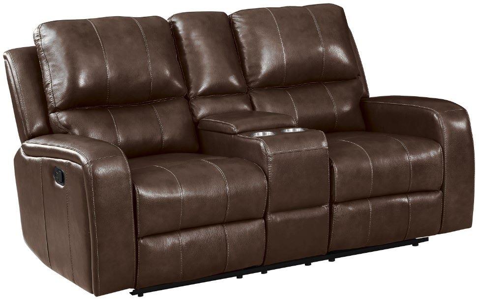New Classic Home Furnishings Linton Brown Leather Console Loveseat with Dual Recliners