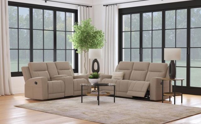 Front view of a loveseat and recliner sofa in a modern living room