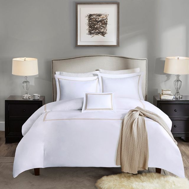 Olliix by Madison Park Signature Luxury Collection 5 Piece Tan King Embroidered Cotton Sateen Comforter Set-0