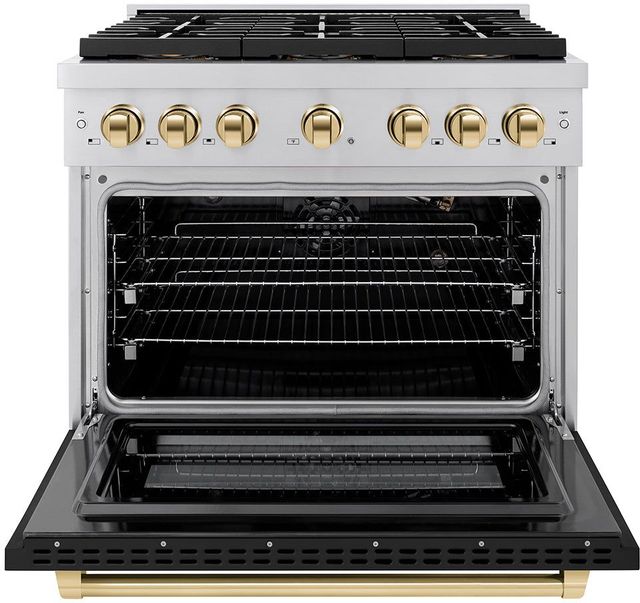 ZLINE Paramount Autograph Edition 36" Stainless Steel Pro Style Gas Range with Black Matte Door and Polished Gold Accents-1