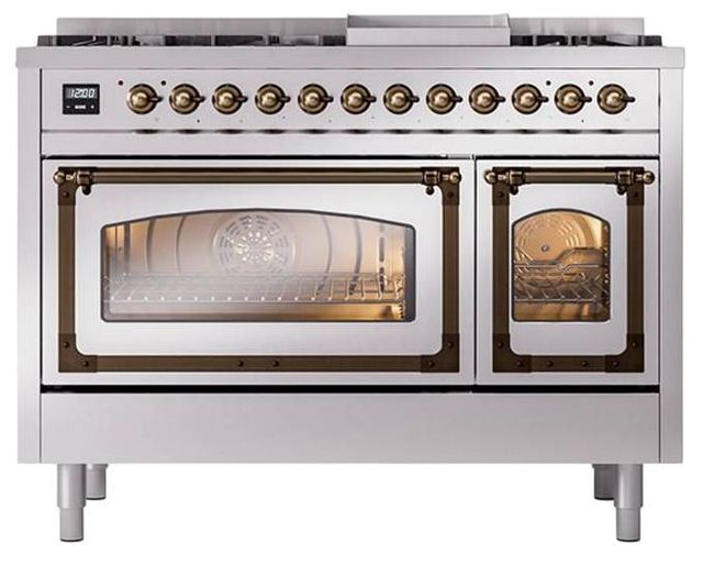 Ilve® Nostalgie II Noblesse 48'' Stainless Steel Pro Style Dual Fuel Range with Burnished Trim-1