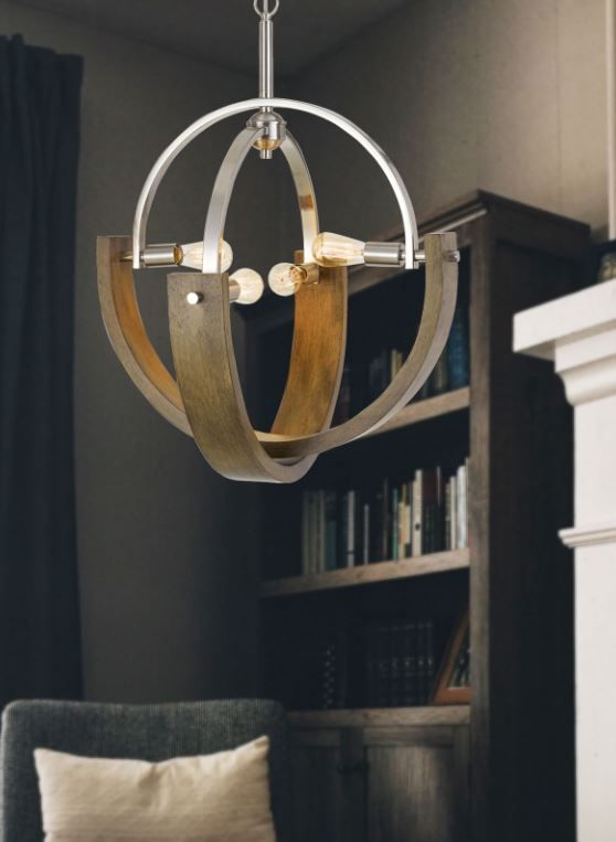 Cal® Lighting & Accessories Rauma Brushed Steel/Wood Chandelier-1
