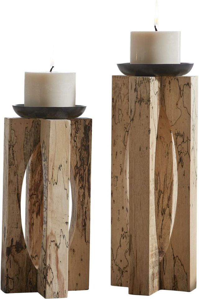 Uttermost® Ilva 2-Piece Natural/Satin Black Wood Candleholder Set-0