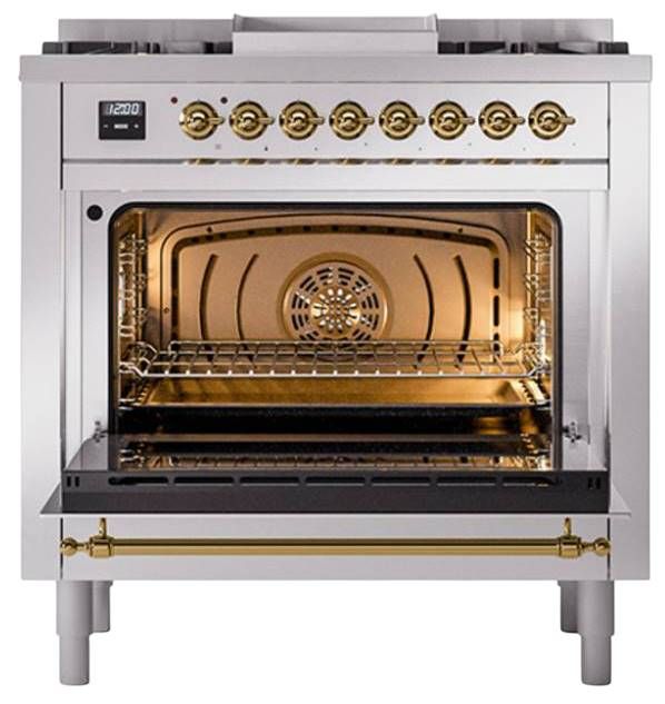 Ilve® Nostalgie II Noblesse 36'' Stainless Steel Pro Style Dual Fuel Range with Brass Trim-1