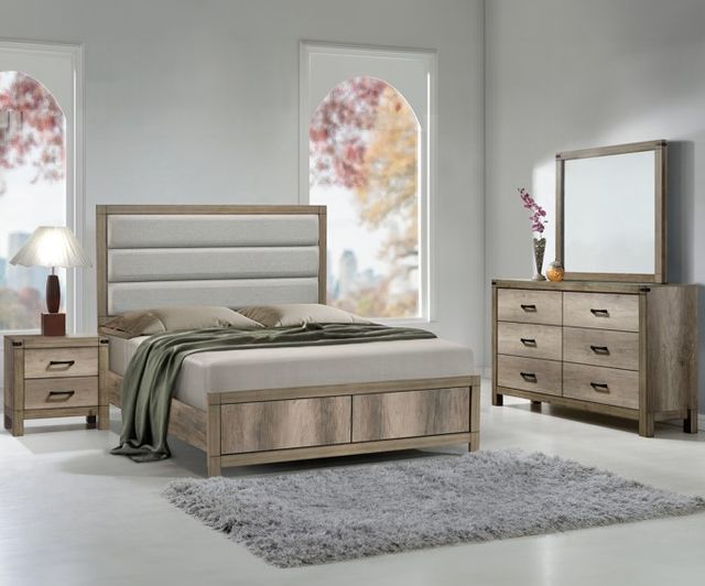 Crown Mark Matteo Beige/Weathered Gray King Upholstered Panel Bed-1