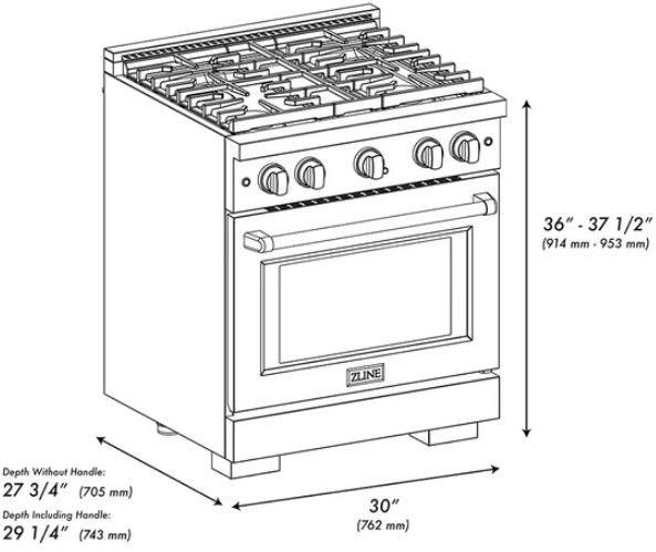 ZLINE Paramount 30" 4.2 cu. ft. Satin Stainless Steel Paramount Dual Fuel Range with 4 Burner Gas Cooktop and Electric Convection Oven with Polished Gold Accents-2