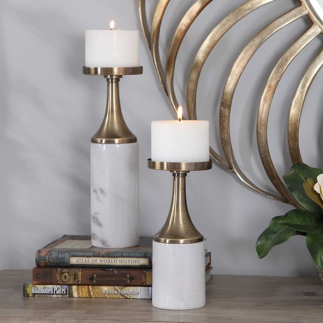 Uttermost® Castiel 2-Piece Antique Brushed Brass Candleholder Set-1