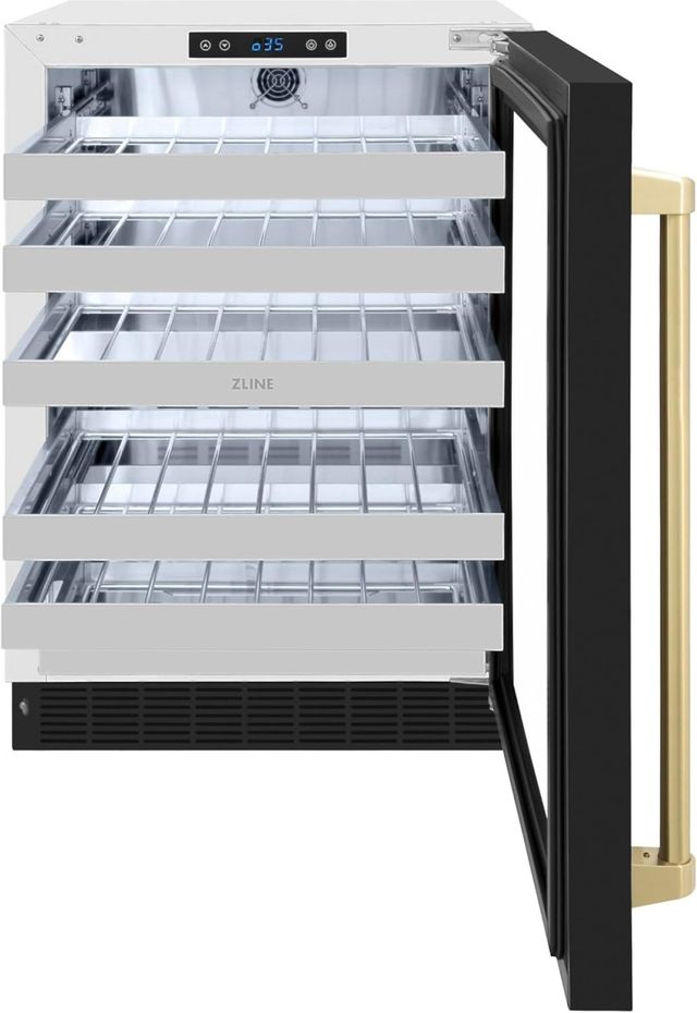 ZLINE Autograph Edition Touchstone 24" 4.8 Cu. Ft. Stainless Steel Wine Cooler with Black Matte Glass Door and Champagne Bronze Handle-1