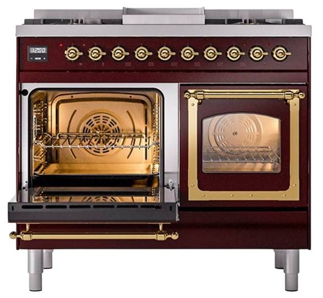 Ilve® Nostalgie II Noblesse 40'' Burgundy Pro Style Dual Fuel Range with Brass Trim-3