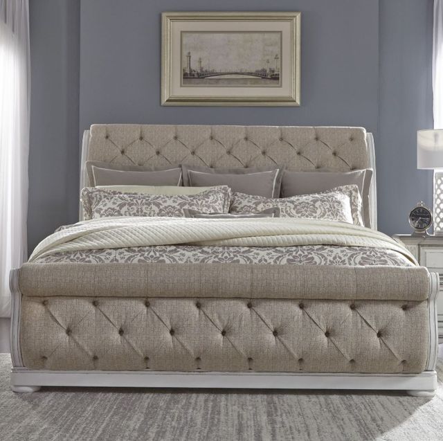 Liberty Furniture Abbey Park Antique White/Weathered Brown Queen Upholstered Sleigh Bed-1