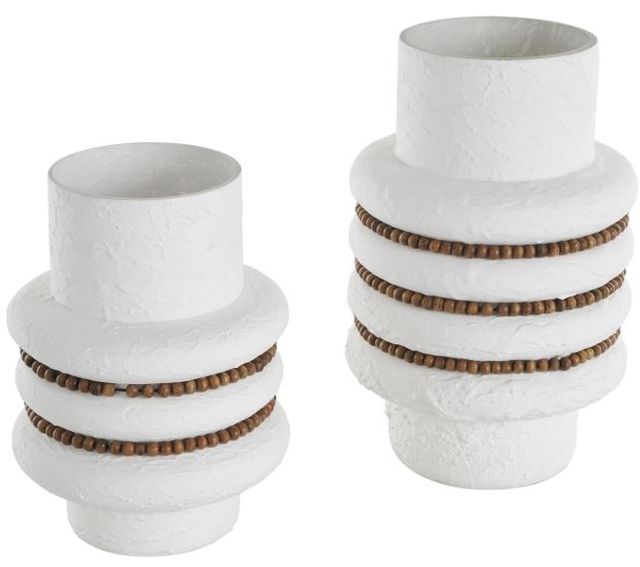 Deco Marche 2-Piece White Glass Vase with Brown Wood Beaded Stripes Set-2