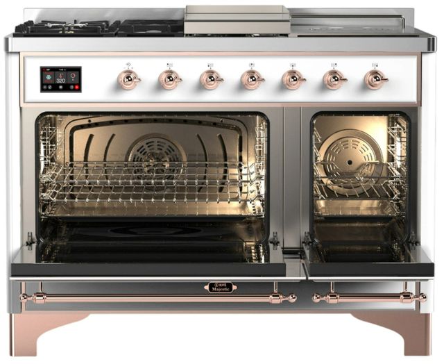 Ilve® Majestic III 48" White Pro Style Dual Fuel Liquid Propane Range with Solid Door and Copper Trim-1