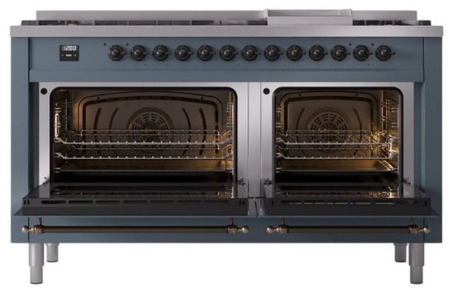 Ilve® Nostalgie II Noblesse 60'' Blue Gray Pro Style Dual Fuel Range with Burnished Trim-1