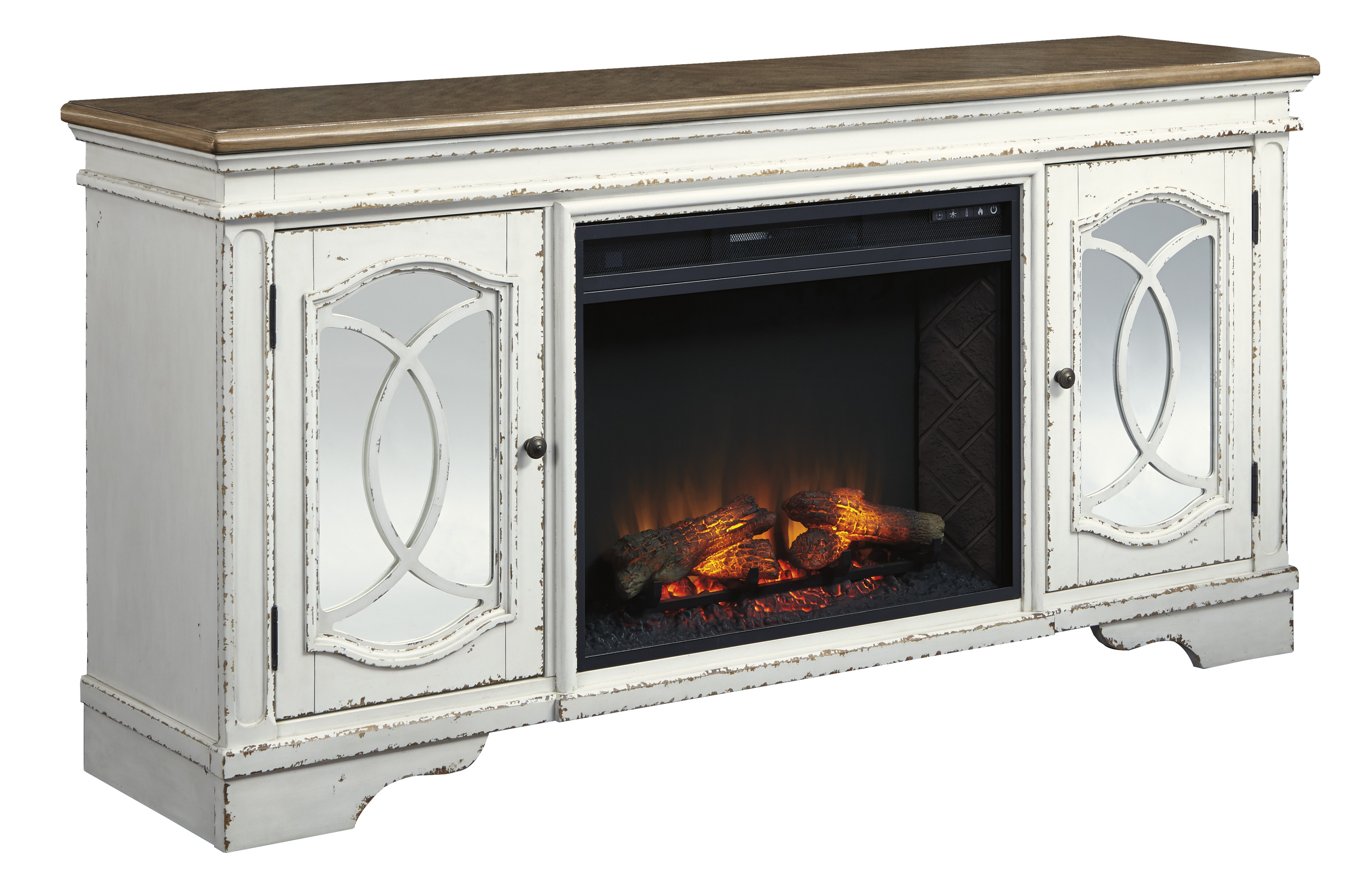 Realyn TV Stand with Fireplace - Chipped White Realyn TV Stand with Fireplace - Chipped White
