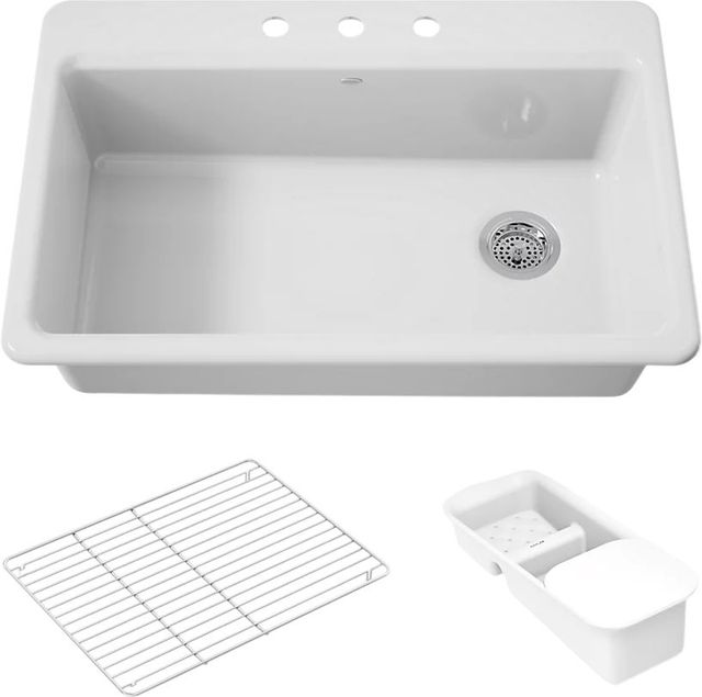 KOHLER® Riverby® White 33" 3-Faucet Hole Top-Mount Single-Bowl Workstation Kitchen Sink-0