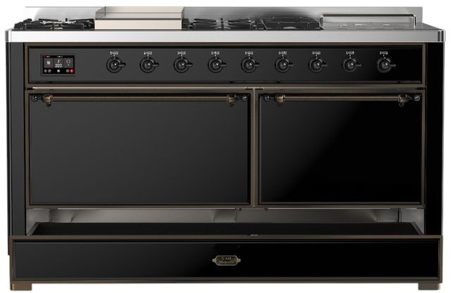 Ilve® Majestic III 60" Glossy Black Pro Style Dual Fuel Natural Gas Range with Griddle and Burnished Trim-2