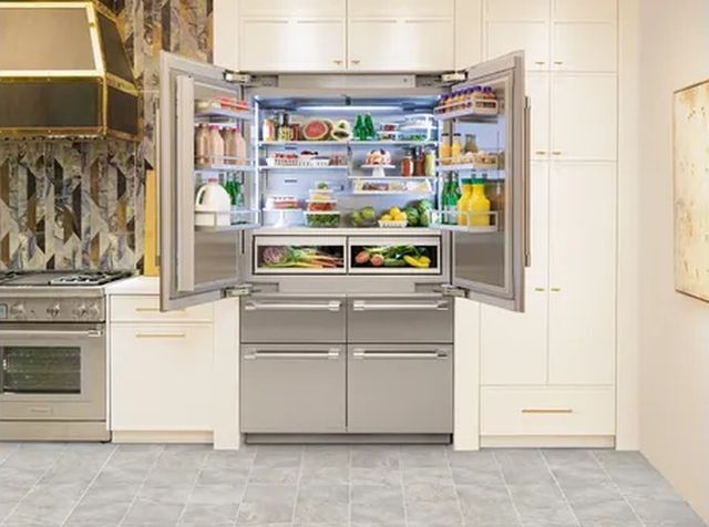 Front view of an opened Thermador 48” refrigerator