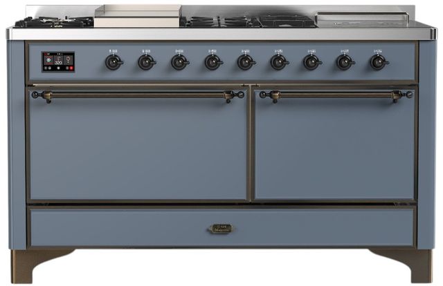 Ilve® Majestic III 60" Blue Gray Pro Style Dual Fuel Liquid Propane Range with Griddle and Burnished Trim-0