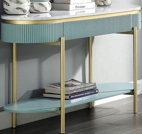Furniture of America® Koblenz Light Teal Sofa Table with White Marble Top-0