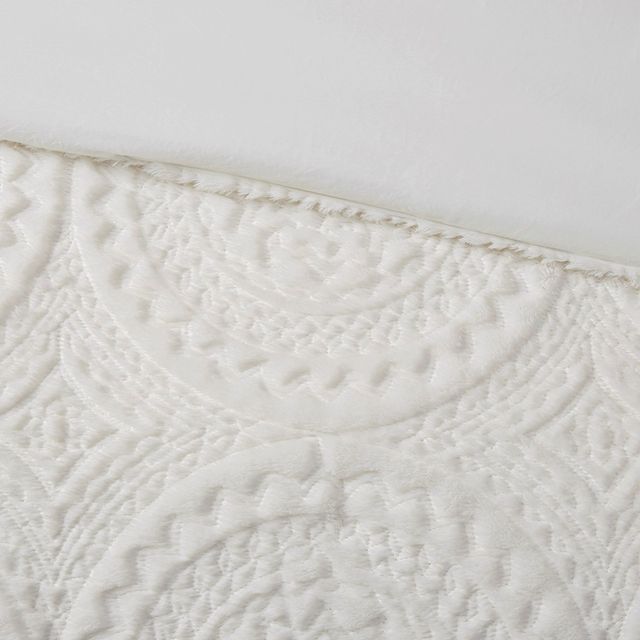 Olliix by Madison Park Arya Ivory Twin Embroidered Medallion Faux Fur Ultra Plush Comforter Mini Set-1