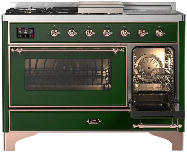 Ilve® Majestic III 48" Emerald Green Pro Style Dual Fuel Liquid Propane Range with 5 Black Brass Burners and Copper Trim-3