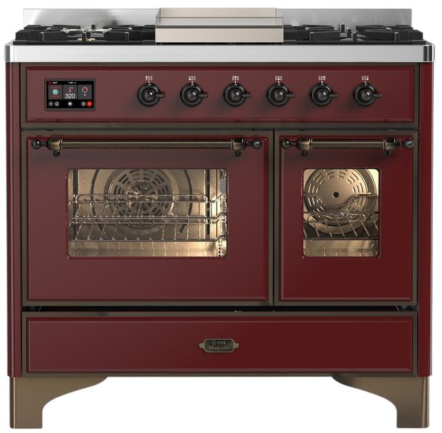 Ilve® Majestic III 40" Burgundy Pro Style Dual Fuel Natural Gas Range with Triple Glass Door and Burnished Trim-0