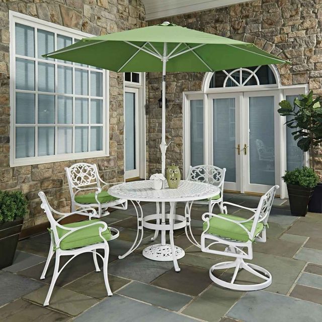 homestyles® Sanibel 7-Piece White Outdoor Dining Set with Umbrella and Cushions-1