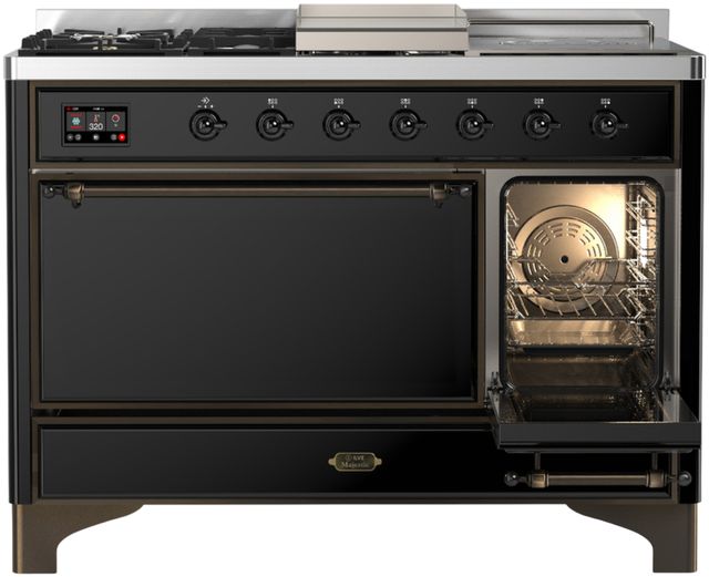 Ilve® Majestic III 48" Glossy Black Pro Style Dual Fuel Natural Gas Range with French Top and Burnished Trim-3