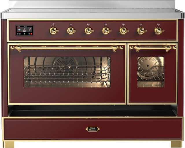 Ilve® Majestic III 48" Burgundy Pro Style Induction Range with Triple Glass Door and Brass Trim-2