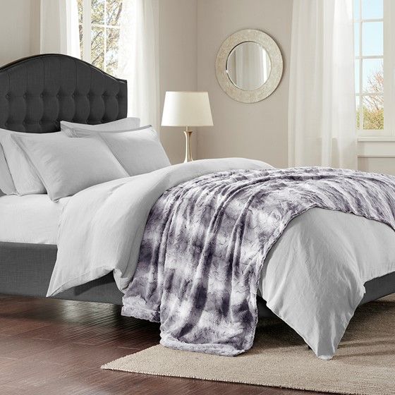 Olliix by Madison Park Zuri Grey 96x80" Polyester Faux Tip Dyed Brushed Fur Oversized Bed Throw-1