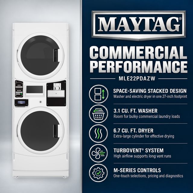 Maytag Commercial MLE22PDAZW 3.1 Cu. Ft. Washer / 6.7 Cu. Ft. Electric Dryer Combination Stack, Coin-Ready, White-3