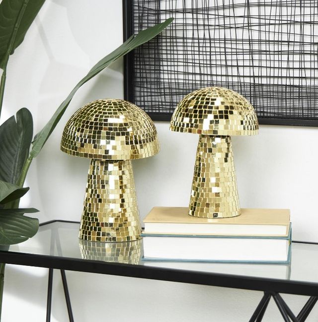 Deco Marche 2-Piece Gold Mirrored Glass Mushroom Mosaic Sculpture Set-4