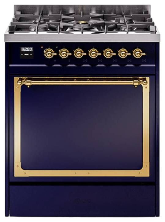 Ilve® Nostalgie II Noblesse 30'' Midnight Blue Pro Style Dual Fuel Range with Brass Trim-0