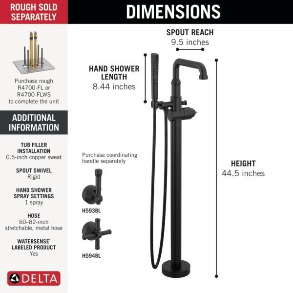 Delta Broderick® Matte Black Less Handle Floor Mount Tub Filler Trim-1