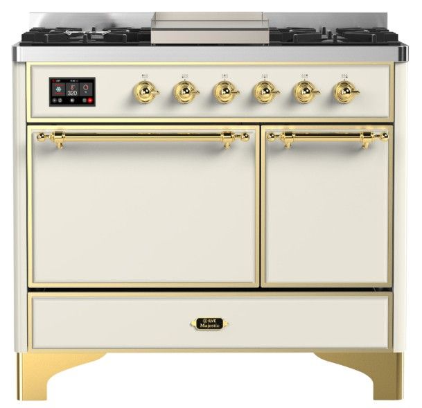 Ilve® Majestic III 40" Antique White Pro Style Dual Fuel Liquid Propane Range with Solid Door and Brass Trim-0