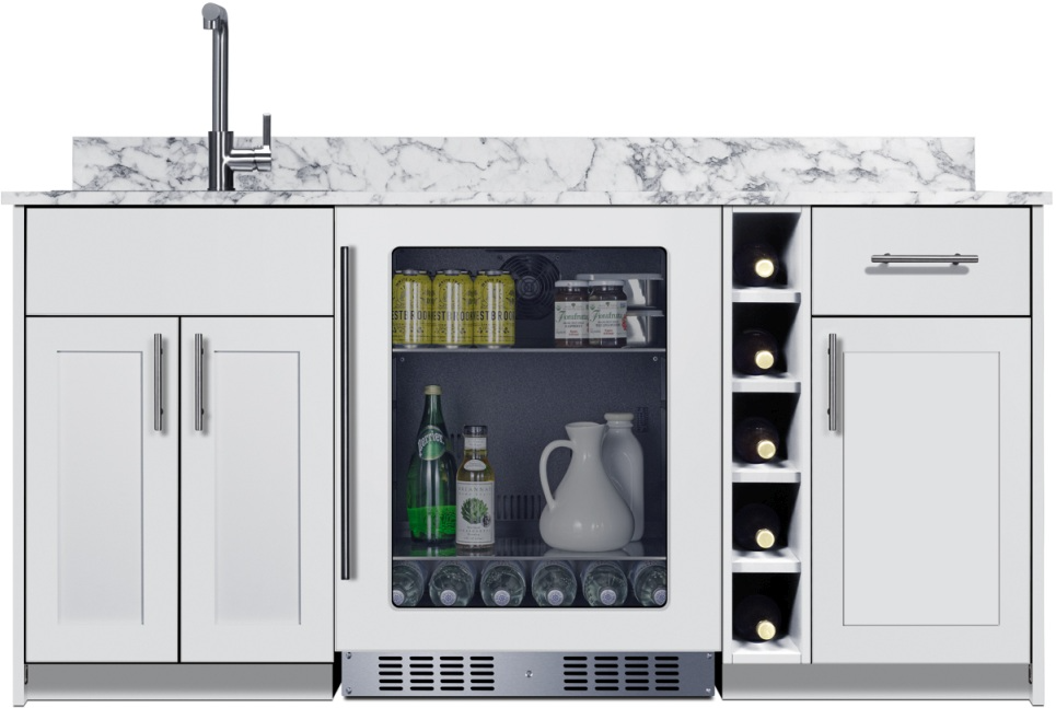 Summit® Turnkey Oasis 69" White Wet Bar with 4.6 Cu. Ft. Built-In Beverage Center and Stainless Steel Sink with Faucet