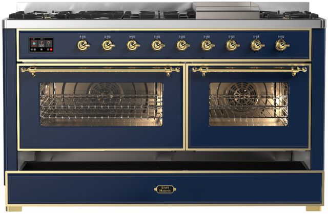 Ilve® Majestic III 60" Midnight Blue Pro Style Dual Fuel Natural Gas Range with Triple Glass Door and Brass Trim-1