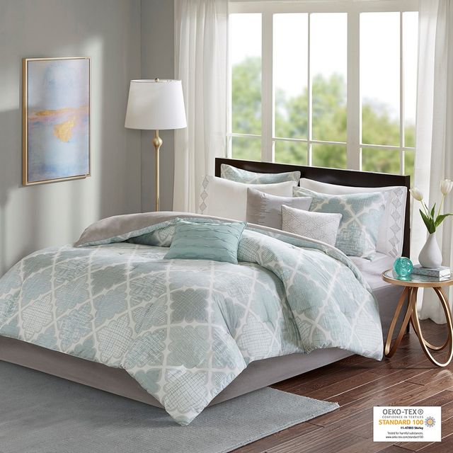 Olliix by Madison Park 9 Piece Aqua Queen Cadence Cotton Sateen Comforter Set-1