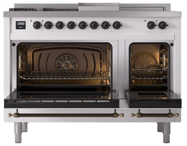 Ilve® Nostalgie II Noblesse 48'' White Pro Style Dual Fuel Range with Burnished Trim-1