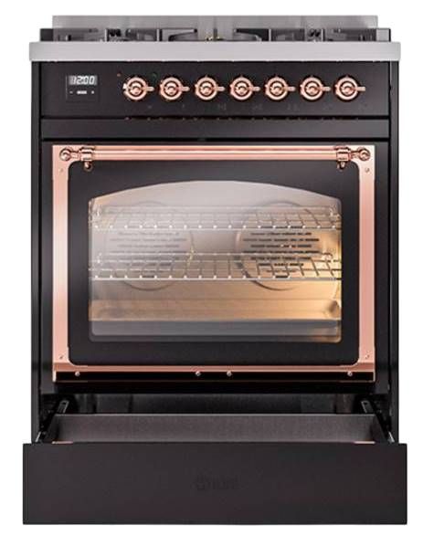Ilve® Nostalgie II Noblesse 30" Glossy Black Pro Style Dual Fuel Range with Brass Trim-3