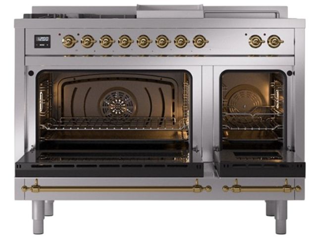 Ilve® Nostalgie II Noblesse 48'' Stainless Steel Pro Style Dual Fuel Range with Brass Trim-1