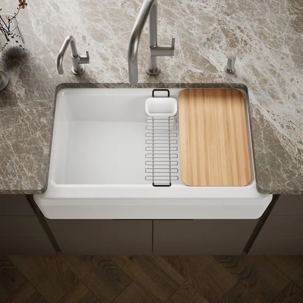 KOHLER® Riverby® White 36" Undermount Single-Bowl Farmhouse Workstation Kitchen Sink-1