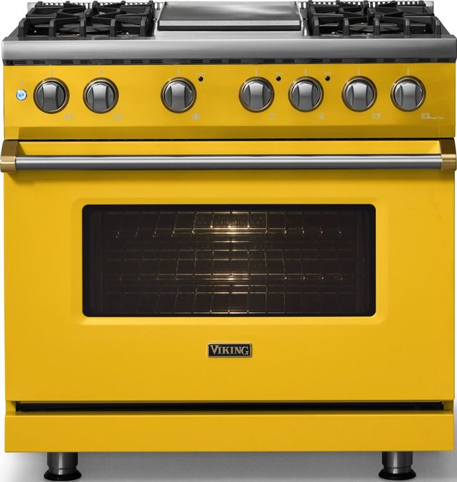 Viking® 5 Series 36" Daffodil Pro Style Dual Fuel (NG) Range with Brushed Brass Trim-2