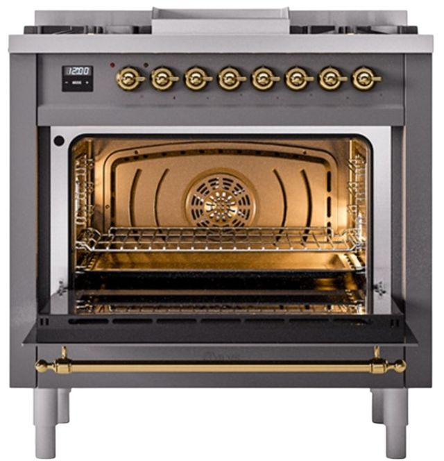 Ilve® Nostalgie II Noblesse 36'' Graphite Matte Pro Style Dual Fuel Range with Brass Trim-2