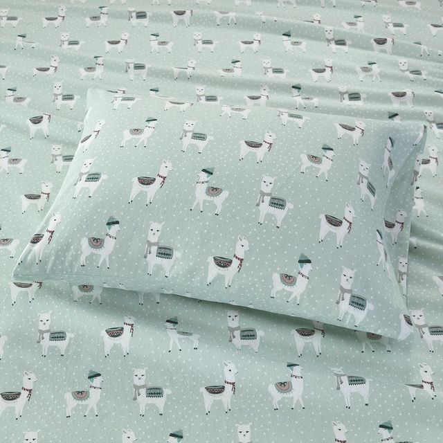 Olliix by True North by Sleep Philosophy Cozy Flannel Seafoam Llama Queen Cotton Printed Sheet Set-2