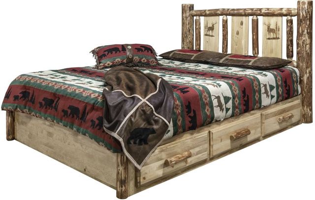 Montana Woodworks® Glacier Country Stained and Lacquered King Platform Storage Bed with Laser Engraved Elk Design-3