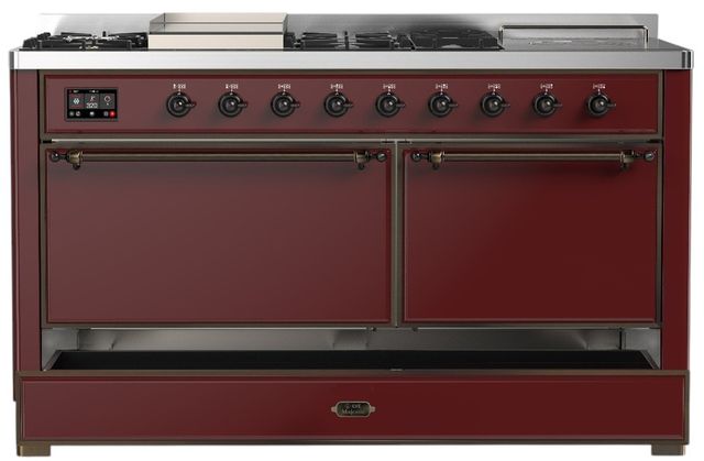 Ilve® Majestic III 60" Burgundy Pro Style Dual Fuel Natural Gas Range with Griddle and Burnished Trim-2